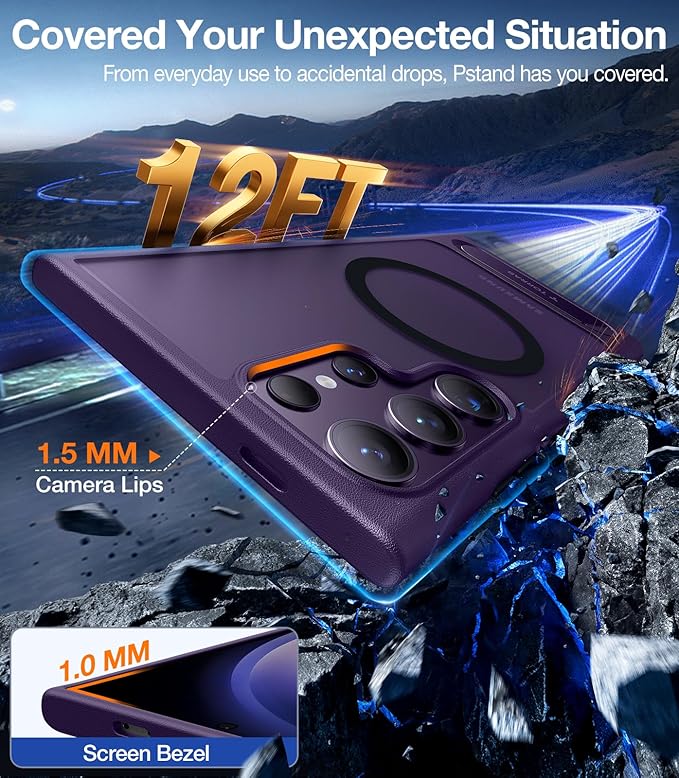 TORRAS Strong Magnetic & Seamless Stand for Samsung Galaxy S24 Ultra Case, Fit for MagSafe, Mil-Grade Drop Protection, Kickstand for Samsung Galaxy S24 Ultra Case, Translucent Back/Purple Edge