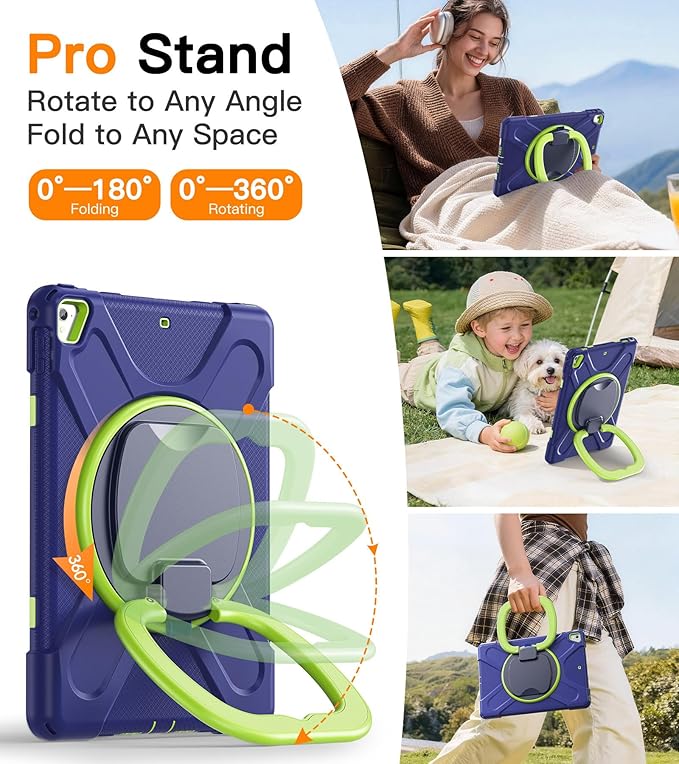 BATYUE Case for iPad 6th Generation 9.7 inch 2018, iPad 5th Gen 2017, iPad Air 2/ iPad Pro 9.7'',Shockproof Protective Cover with Pencil Holder &Rotating Bracket &Shoulder Strap (Navy Blue+Lime)