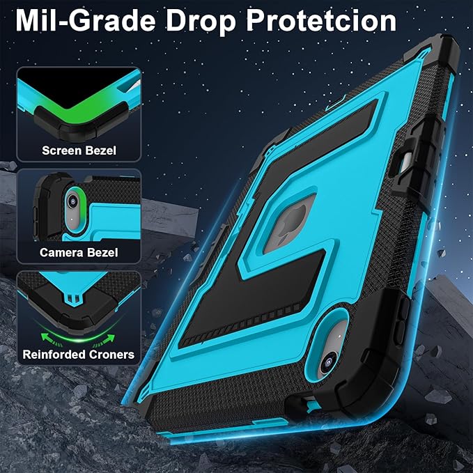 Kids Friendly Case for iPad Air 13 Inch M4 M3 M2 2026/2025/2024 Case with Pencil Holder & Shoulder Strap, Military Grade Shockproof Kickstand Hard Shell Protective Cover,Black+Blue