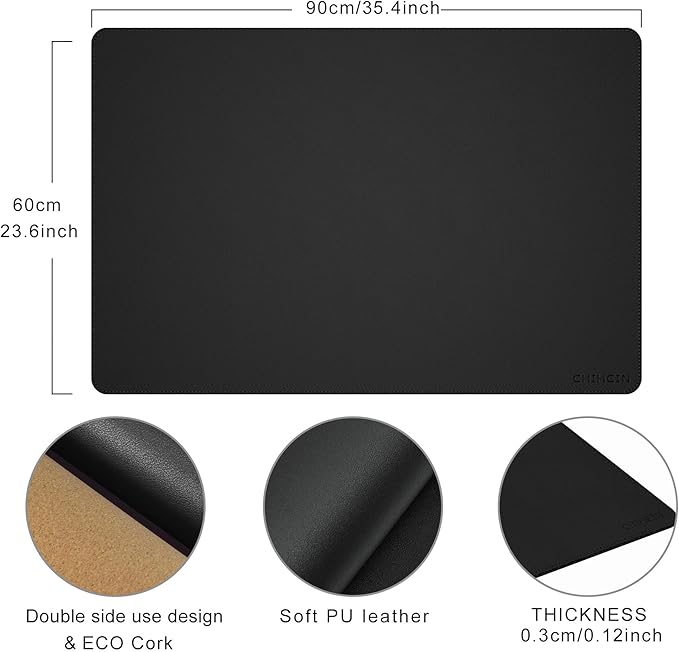 Chihein 35" x 24" Desk Mat with Cork & PU Leather, Dual Sided Desk Pad, Waterproof Computer Desk Mat for Gaming, Office, Home (Black)