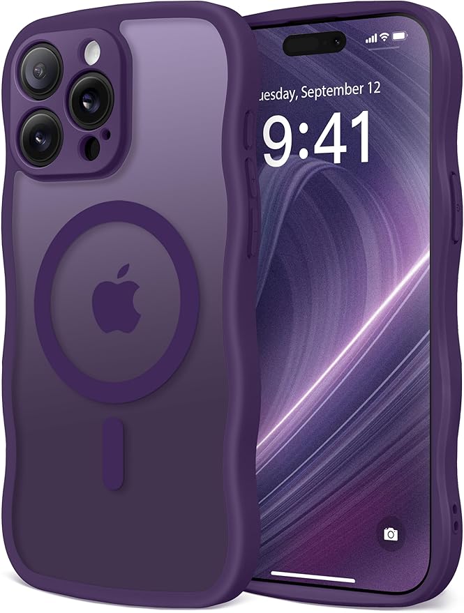 CAPRARO Cute for iPhone 14 Pro Case, Compatible with MagSafe, [Curly Wave Edge] [Full Camera Protection] [14 FT Drop Protection] Magnetic Phone Case for 14 Pro 6.1 Inch, Deep Purple