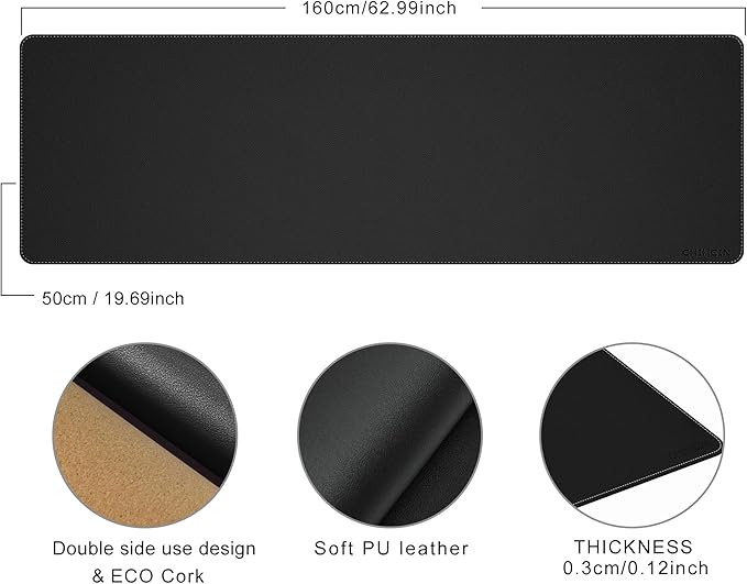 Chihein 63” x 20” Cork & PU Leather Desk Mat (Black) - Huge Mouse Pad, Double Sided Waterproof Desk Pad Protector for Gaming, Office, Home