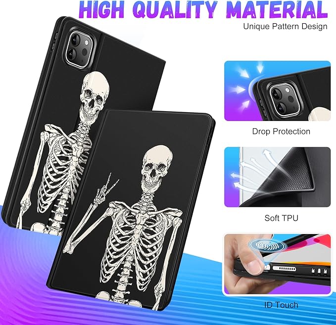 Uppuppy for iPad Air 11 inch (M2/M3) Case, Air 5th/4th Generation 10.9, Pro 11'' Case Cute Kids Women Girls Folio Skeleton Pencil Holder Cover for iPad Air 11 2024/2025, 10.9 2022 2020, Pro 11