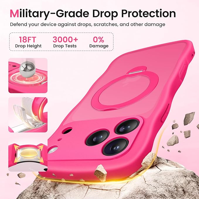 CAPRARO Magnetic for iPhone 17 Pro Case with 360° Spin Magnetic Stand for Women, [Compatible with MagSafe] [Full Camera Protection] Cute Wave Translucent Matte Case for iPhone 17 Pro, Hot Pink