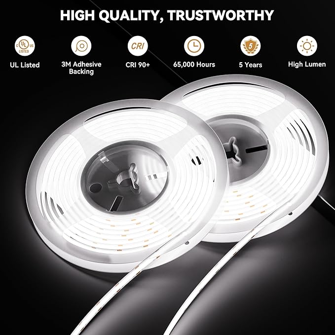 PAUTIX COB LED Strip Lights 48ft/15m Super Bright,504 LEDs/m Daylight White 6000K CRI90+ Flexible LED Tape 24V for Cabinet Home DIY Lighting Projects with 2pcs COB Connector(Power Supply Not Included)