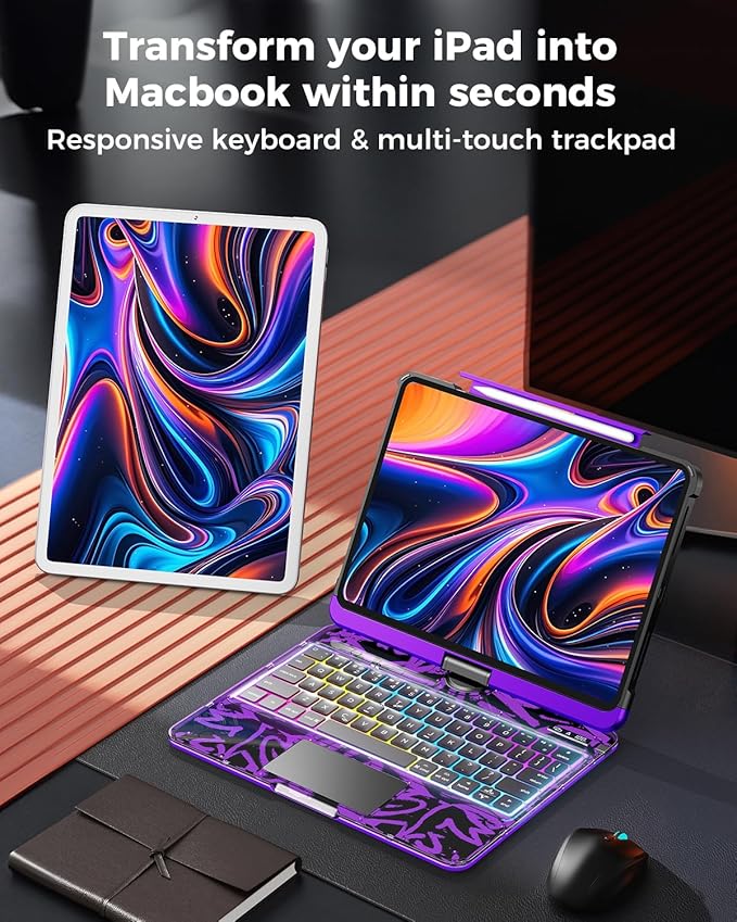 TSQQST Clear Wireless Keyboard Case for iPad Pro 13 Inch M5/M4 2025/2024 with Pencil Holder & Multi-Touch Trackpad, Visible PCB High-Tech Style, 3-Brightness & 7-Color Backlight, 360 Rotatable, Purple