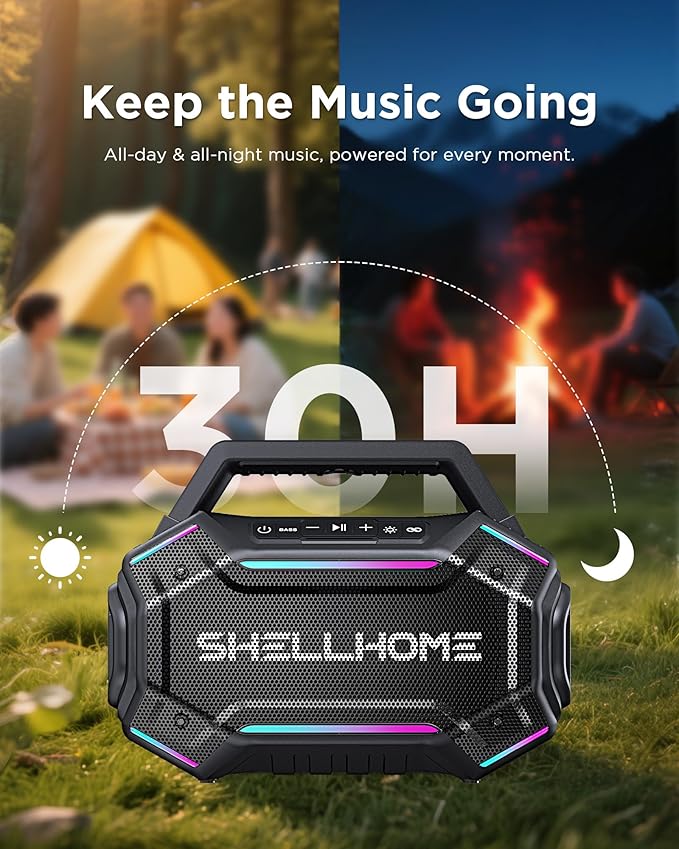 ShellHome Bluetooth Outdoor Speakers, 80W(Peak) Loud Wireless Speaker, 30H Playtime, RGB Lights, BassUp 2.0, IPX6 Waterproof, TWS, Bluetooth 6.0, Portable Boombox for Party, Pool, Beach (Pink)