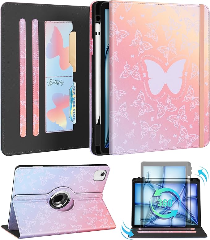Kidcube for iPad Air 11 Inch Case M3/M2, Air 5th/4th Generation Cases 10.9'', Pro 11'' 2020 - Women Girls Aesthetic Cute Rotating Stand Folio Cover with Pencil Holder & Card Slot Kawaii Butterfly