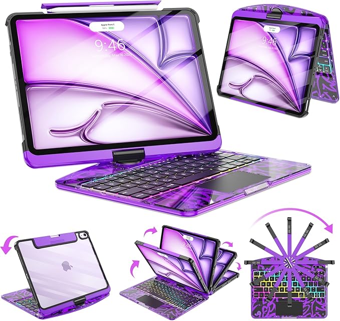 SIBEITU Clear Wireless Keyboard Case for iPad Air 13-inch M4/M3/M2 (2026/20252024) & iPad Pro 12.9-inch 6th 5th 4th 3rd Gen, Precision Trackpad & 7-Color Backlit, Pencil Holder, 360°Rotatable, Purple