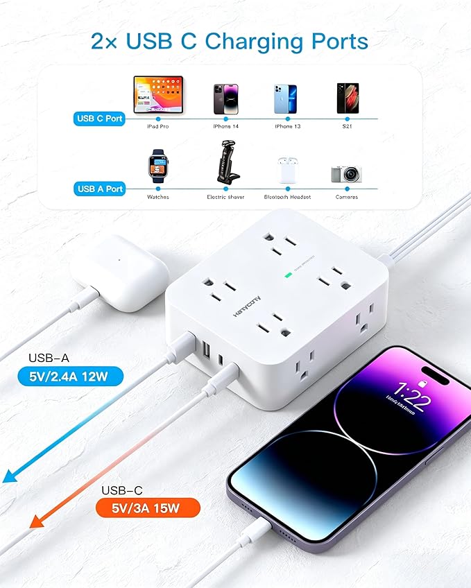 15 Ft Long Extension Cord with Ultra-Thin Flat Plug, 8 Widely Spaced Outlets & 4 USB Ports (2 USB C), 1080J Surge Protected Power Strip for Home Office, College Dorm Room Essentials, Wall Mount