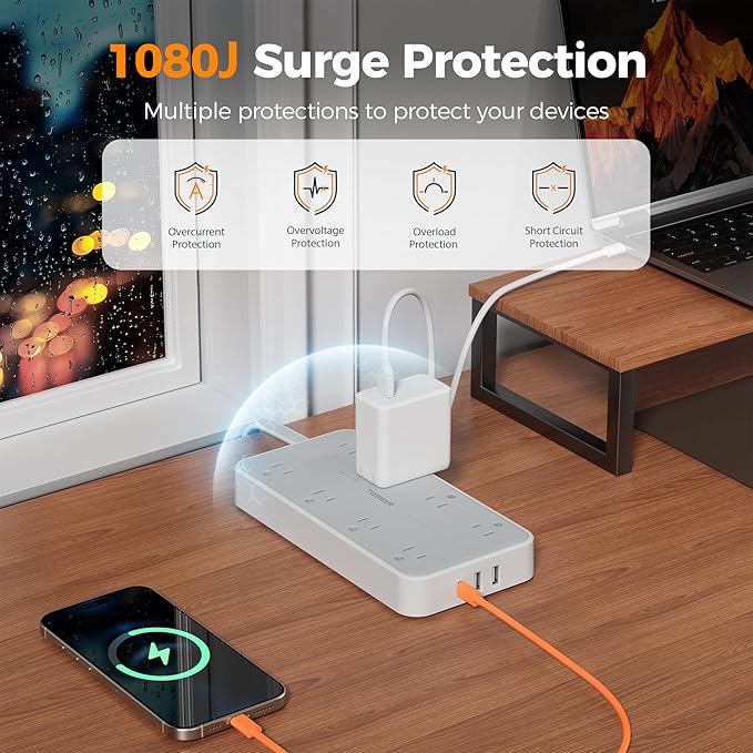 TESSAN Power Strip Surge Protector, 6FT Flat Plug Extension Cord with 8 Outlets 3 USB Charger(1 USB C), 1080 Joules Protection, 1875W 15A, Wall Mountable Charging Station for Home Office Dorm, Gray