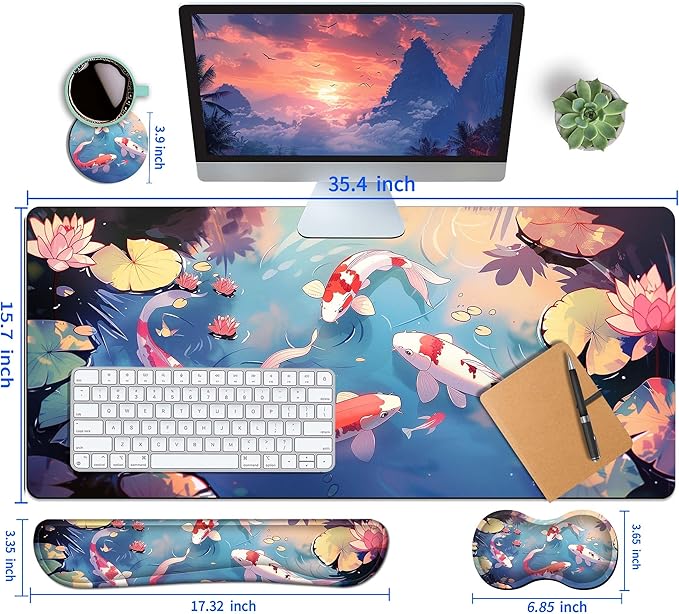 4-Piece Extended Large Mouse Pad Set for Women Men with Colorful Koi Design Includes 35.4 x 15.7 XXL Large Mouse Pad Keyboard Wrist Rest Mouse Wrist Support and Coaster for Office Home