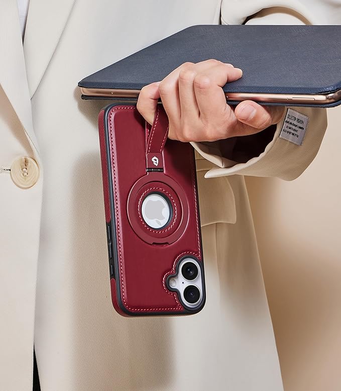 Butaiga for iPhone 16 Leather Case with Stand, Anti-Slip Grip Ring, Fits for MagSafe (Burgundy, iPhone 16)