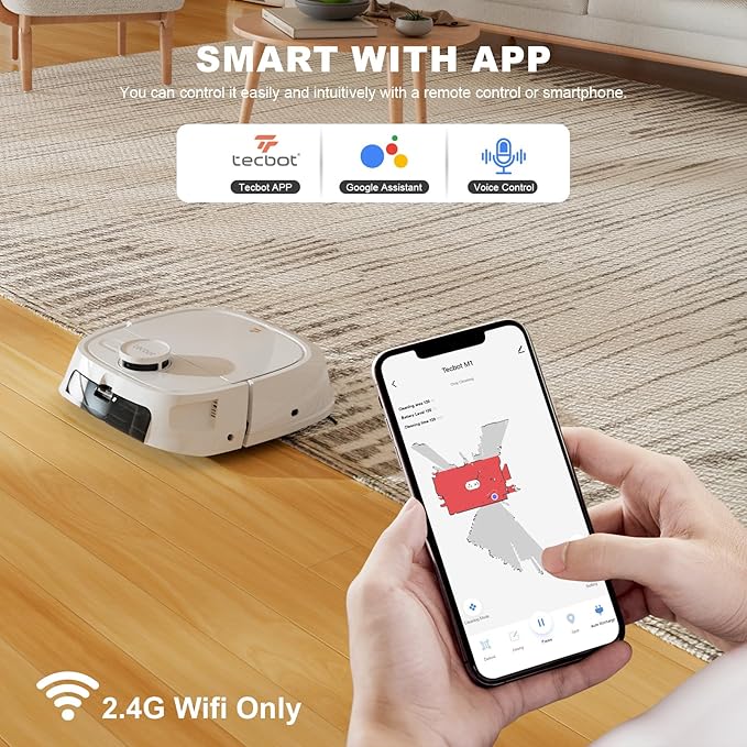 TECBOT Robot Vacuum and Mop (M1 Pro) - LiDAR Robotic Vacuums Cleaner for Home with Pet Hair, Carpet, Hardwood Floors, Auto Smart Mopping, Self Cleaning, Avoids Obstacles, Voice Control, White