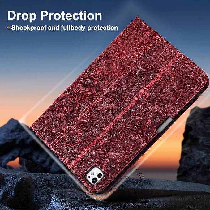 Gexmil Genuine Leather Case for iPad Pro 13 Inch (M5/M4) 2025/2024 with Pencil Holder,Protective Shockproof Smart Leather Folio Cover Adjustable Stand Auto Sleep/Wake,Floral Red