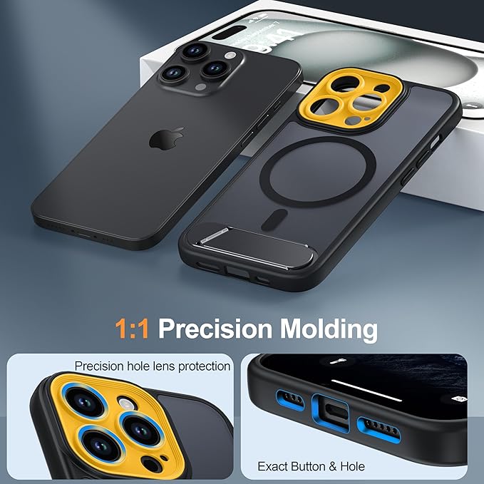 Magnetic Compatible with iPhone 13 Pro Case, [Built-in Kickstand][Full Camera Protection][Compatible with MagSafe][Anti-Fingerprint] Shockproof Phone Case for iPhone 13 Pro 6.1",Black & Yellow