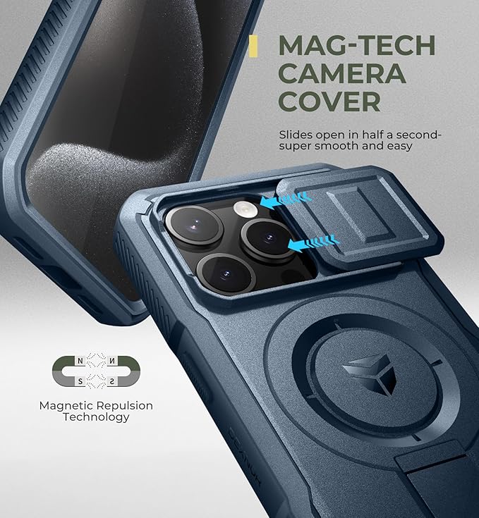Dexnor for iPhone 15 Pro Case with Slide Camera Cover & Adjustable Kickstand & Built-in Screen Protector, Magnetic Rugged Shockproof Bumper Cases Heavy-Duty Magnetic Protective Cover, Navy Blue