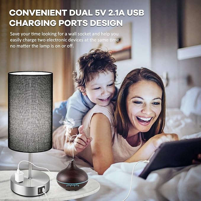 Black Touch Control Table Lamp Set of 2, with 2 USB Charging Ports&AC Outlet, 3-Way Dimmable Bedside Nightstand Lamps with Fabric Lampshade for Reading, Bedroom, Living Room, A19 LED Bulbs Included