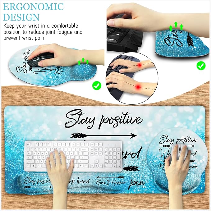 LIMKRIAN Desk Mat Pad, XXL Large Gaming Mouse Pad with Wrist Rest Wrist Support, Ergonomic Mouse Pad, Keyboard Wrist Rest, Coaster, Home Office Desk Accessories Decor Supplies, Stay Positive