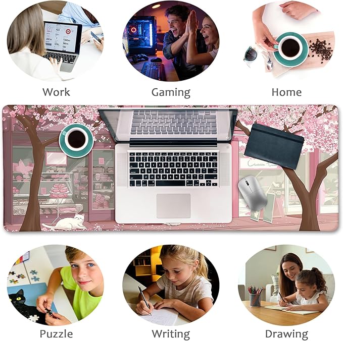 LIMKRIAN Cat Mouse Pad Large Desk Mat, Pink Cherry Blossom Computer Mousepad with Stitched Edges Non-Slip, Keyboard Mouse Pad for Desktop Cute Office Desk Accessories Japanese Dessert House 31.5in