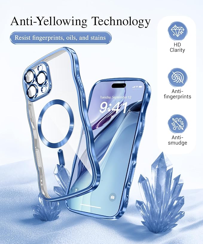 GVIEWIN for iPhone 16 Pro Max Case Compatible with MagSafe, Upgraded [Full Camera Protection][Cute Wave Frame][Military Grade Protection] Electroplated Soft Phone Cover for Women, Clear/Light Blue