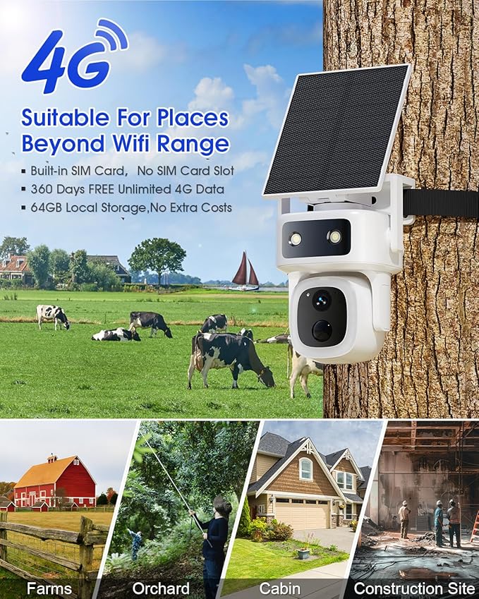 SANSCO 2 Pack 4G LTE Cellular Security Camera Wireless Outdoor, 360 Days Free Unlimited Data, Built-in SIM Card 64GB, 360° PTZ, No WiFi Solar Powered, 2K Color Night Vision, 2 Way Audio, AI Detection