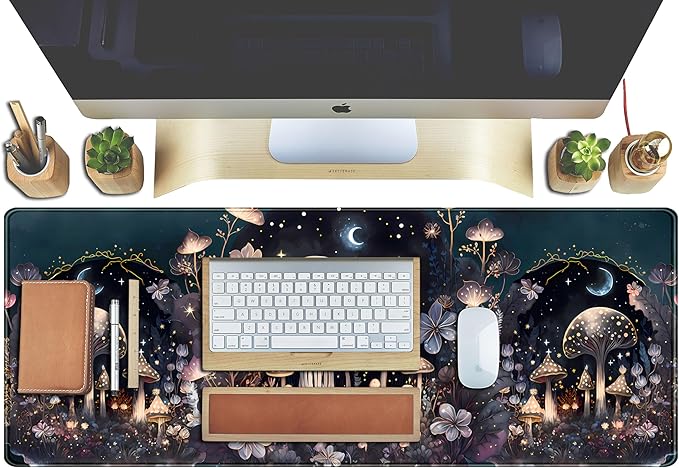 Teng DA Qing Cute Dark Mushroom Moon Night Mouse Pad XL Extended Gaming Mat with Stitched Edges, Computer Laptop Keyboard and Mouse Mat for Women Office Desk Decor, 31.5x11.8 in