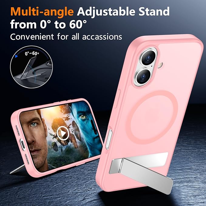 SPIDERCASE Magnetic for iPhone 16 Case,with [3 Stand Ways] [Military Grade Drop Protection] with Invisible Stand Shockproof Slim Phone Case for iPhone 16 6.1'',Light Pink