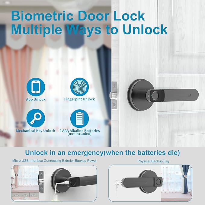 Foxgard Biometric Door Lock with Smart APP Fingerprint Knob Remote Control with APP Smart Door Knob for Home/Bedroom/Office/Apartment/Airbnb Black
