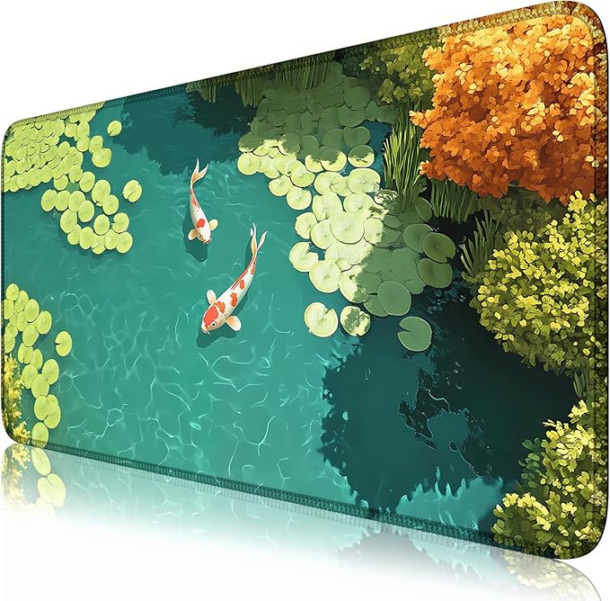 Japanese Koi Fish Desk Mat Pad XXL Large Lofi Serene Pond Playmat Gaming Mouse Pad Desktop Mat for Office,Computer,Keyboard,Laptop and Home 31.5 X 15.7inch