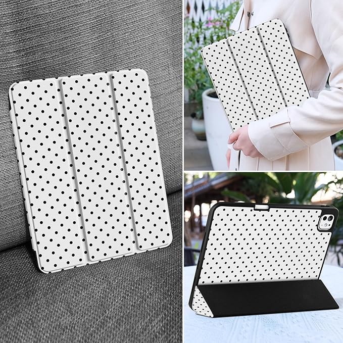 MEEgoodo Case for M5 iPad Pro 11 inch 2025/M4 iPad Pro 11 inch Case 2024, Tablet Cover with Trifold Stand & Pencil Holder & Auto Wake/Sleep & Soft TPU Back Cover, Black Polka Dot