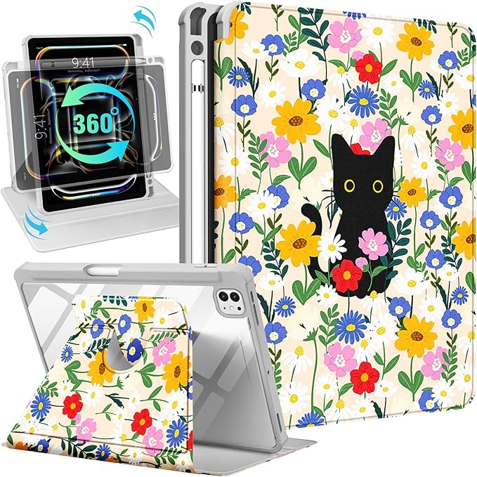 Uppuppy for iPad Pro M4/M5 Case 11 inch - 360 Degree Rotating Stand Folio Smart Cover with Pencil Holder for Women Girls, Cat and Flowers for iPad Pro 11 inch Case 2024 M4/2025 M5