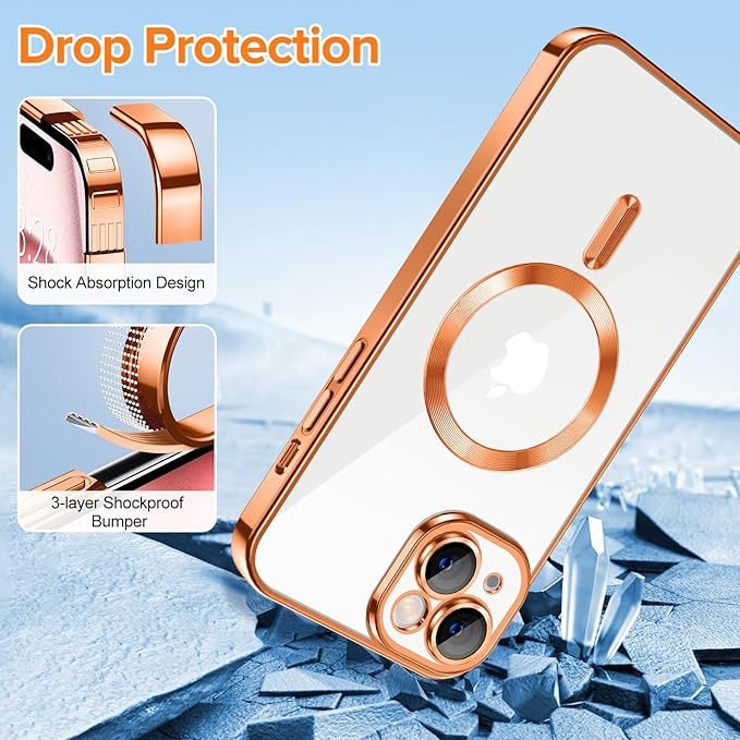 Hython Magnetic Clear for iPhone 15 Case with Camera Lens Protector [Compatible with MagSafe] Luxury Plating Edge Slim Soft TPU Cover Protective Phone Case for iPhone 15 6.1", Orange