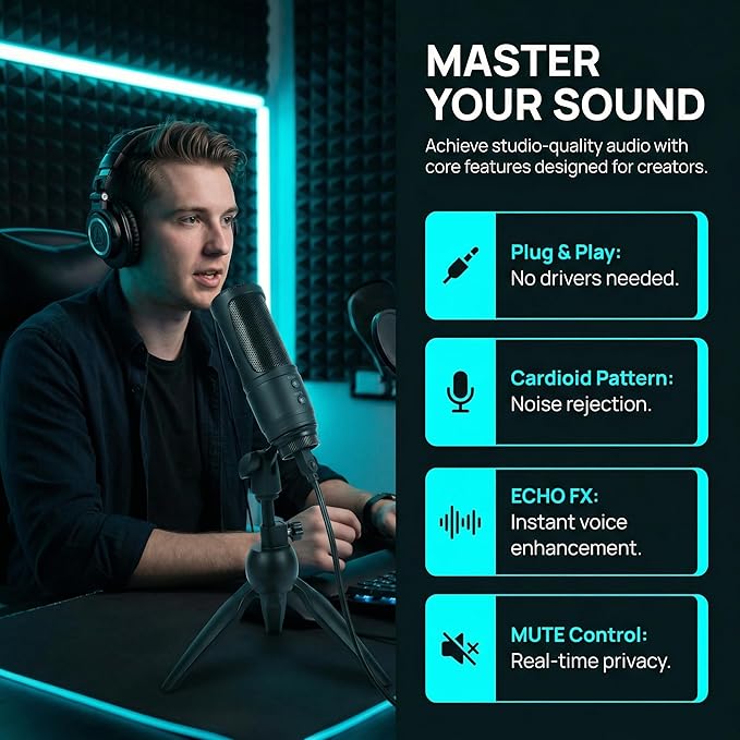 USB Condenser Microphone, Cardioid Condenser Mic with 20Hz–20kHz Frequency Response, Plug & Play USB 2.0 Interface, Compatible with Windows/Mac, Ideal for Podcasting, Recording Studio & Karaoke