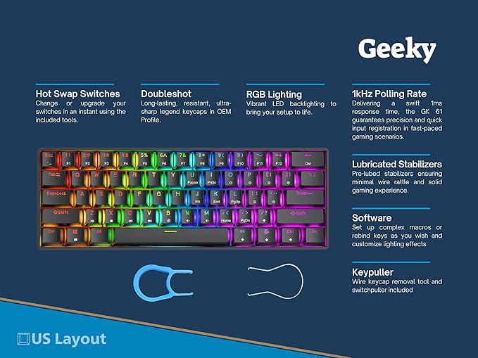 Geeky GK61 60% | Hot Swappable Mechanical Gaming Keyboard | 61 Keys Multi Color RGB LED Backlit for PC/Mac Gamer | ANSI US American Layout (Black, Mechanical Blue)