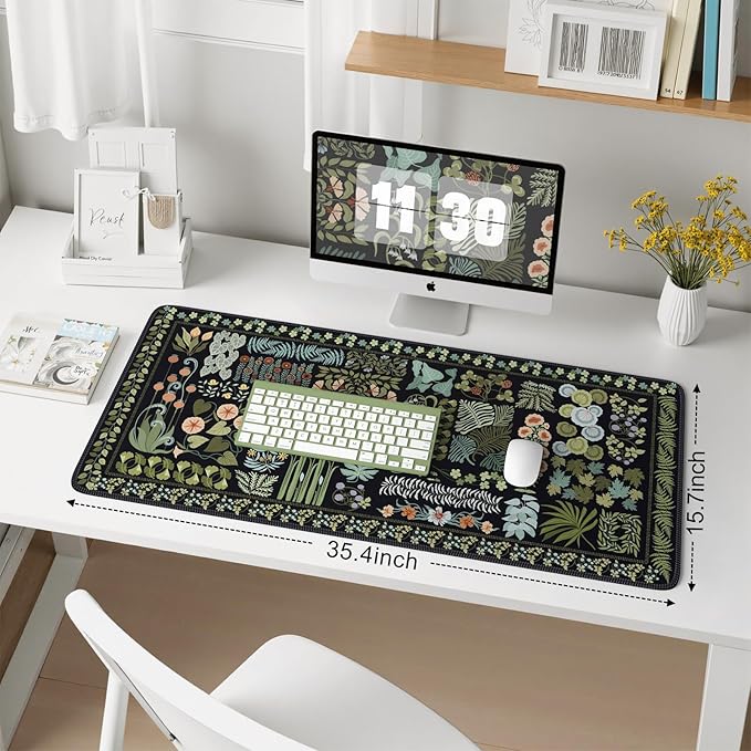 iCasso Floral Desk Pad Mat, Large Mouse Pad, Desk Matt for Desktop, Anti-Slip XXL Big Mousepad with Stitched Edges for Computer Keyboard (Black)