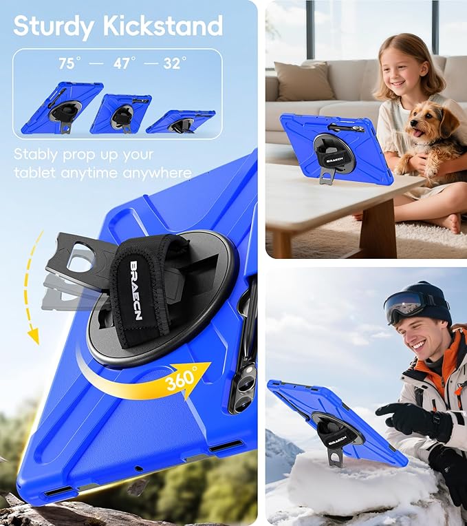 BRAECN for Samsung Galaxy Tab S10 Plus Case 2024/S9 Plus/S9 FE+/S8 Plus/S7 Plus /S7 FE 12.4 Inch,Heavy Duty Shockproof Case with S Pen Holder&360 Rotating Hand Strap/Kickstand Shoulder Strap,Blue