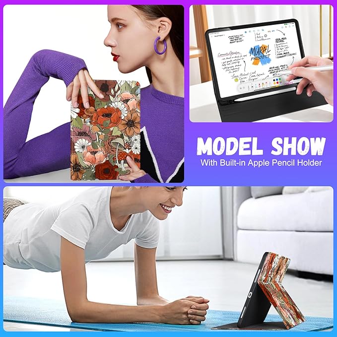 Uppuppy for iPad Air 11 inch (M2/M3) Case, Air 5th/4th Generation 10.9, Pro 11'' Case Cute Kids Women Girls Folio Flower Pencil Holder Cover for iPad Air 11 2024/2025, 10.9 2022 2020, Pro 11