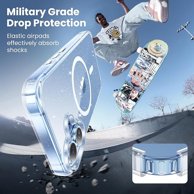 Anti-Yellowing Strong Magnetic for iPhone 17 Case, [Compatible with MagSafe] [12FT Military Grade Drop] Slim Thin iPhone Cover 6.3 Inch, Clear Glitter
