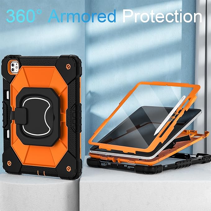 WESOROL for iPad Pro 13 Inch Case M5 2025/M4 2024 (7th Gen) with Screen Protector/Rotating Stand/Pencil Holder/Shoulder Strap,Military Grade Shockproof iPad Cases 13 Inch iPad Pro M5/M4,Black Orange