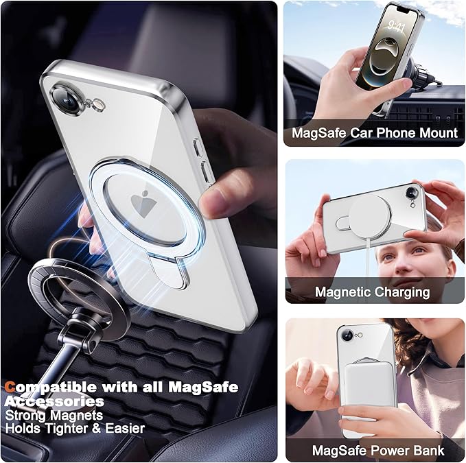 Compatible with iPhone 17E/16E Case with Invisible Magnetic Ring Stand [Compatible with Mag-Safe] [Full Camera Lens Protector] Plating Clear Phone Case for iPhone 17E/16E 6.1", Silver