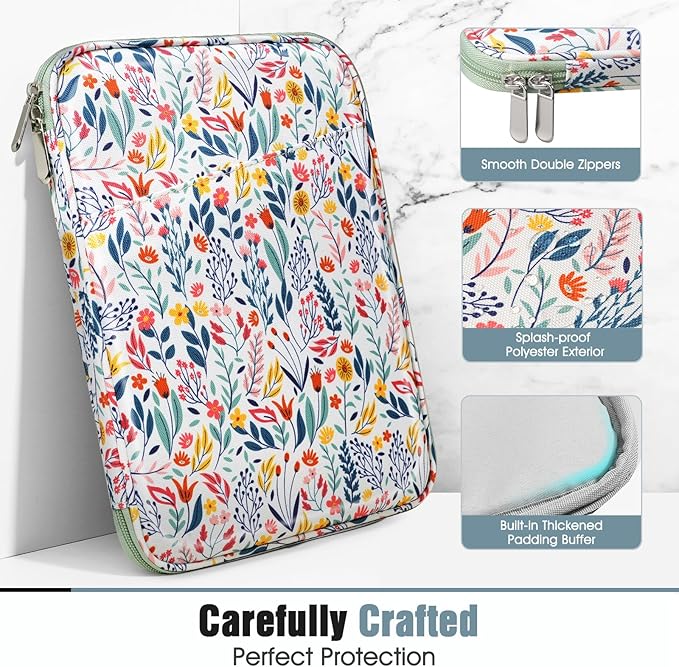 TiMOVO 9-11" Tablet Sleeve Bag for iPad 11-inch A16 2025, iPad 10.9"/10.2"| Air 11 Inch/5th/4th Gen. 10.9", Galaxy Tab A9+/A11Plus 11", Protective Bag with Pocket, Flowers