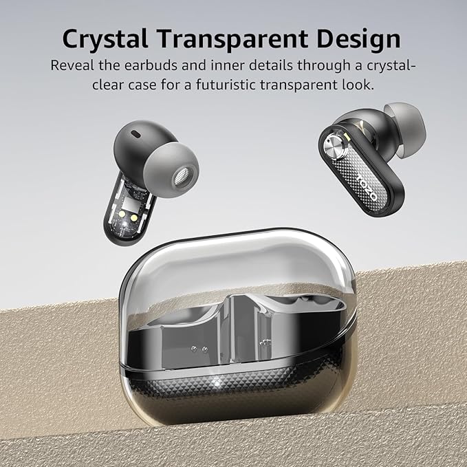 TOZO Crystal Pods Hybrid Active Noise Cancelling Wireless Earbuds, 10mm Drivers Deep Bass, 4 Mics Smart ENC AI Calls, Real-Time AI Translation, 32 EQ via App, Bluetooth 5.4, Crystal Design