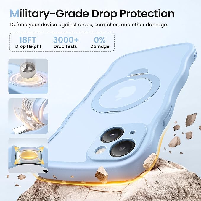 CAPRARO for iPhone 15 Case with 360° Spin Magnetic Stand for Women, [Compatible with MagSafe] [Full Camera Protection] Cute Wave Translucent Matte Case for iPhone 15, Sky Blue