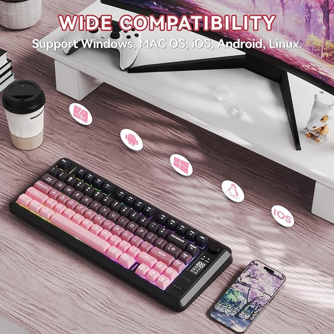 ZIYOU LANG M75 Wireless Gaming Keyboard, RGB Backlit Rechargeable 2000mAh Battery, Small Membrane But Mechanical Feel Keyboard with Smart Display & Knob, PBT Gradient keycaps for PC, MAC-BlackBerry
