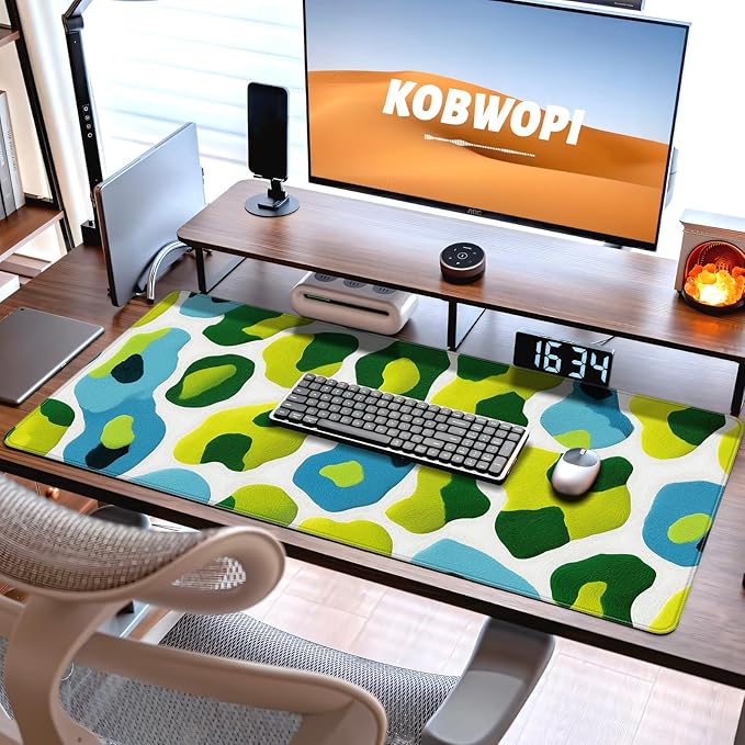 35.4 x 15.7 in, XXL Large Mouse Pad for Desk, Extended Keyboard Mouse Mat for Computer Office, Big Mouse pad with Stitched Edges, Gaming Pc-Abstract Leopard Print Green and Blue