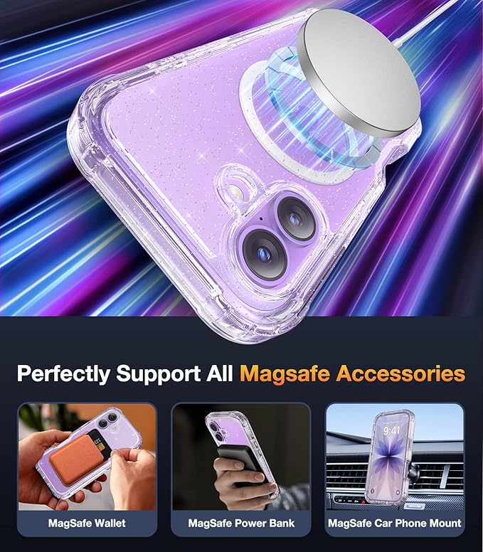Diaclara Magnetic Designed for iPhone 17 Case 6.3 Inch Full Body Bumper,[Compatible with MagSafe] Military Drop Proof Cover with Built-in Touch Sensitive Anti-Scratch Screen Protector Clear Glitter