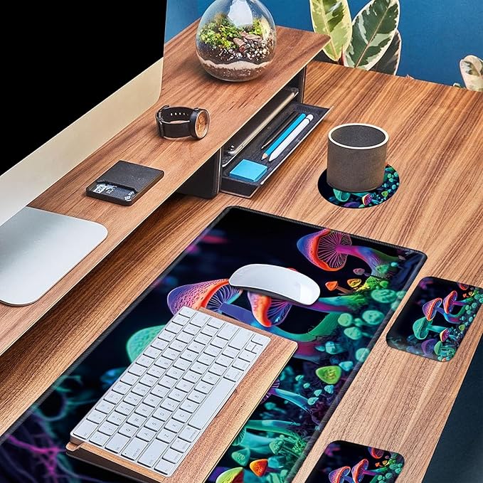 Wrist Elbow Support Arm Rest Desk Mouse Pad Set,Large Mouse Pad + 2 Elbow Rest Pad + Coaster,(31.5×11.8 in) Ergonomic Memory Foam for Office,Gaming,Computer,Laptop-Colorful Mushrooms