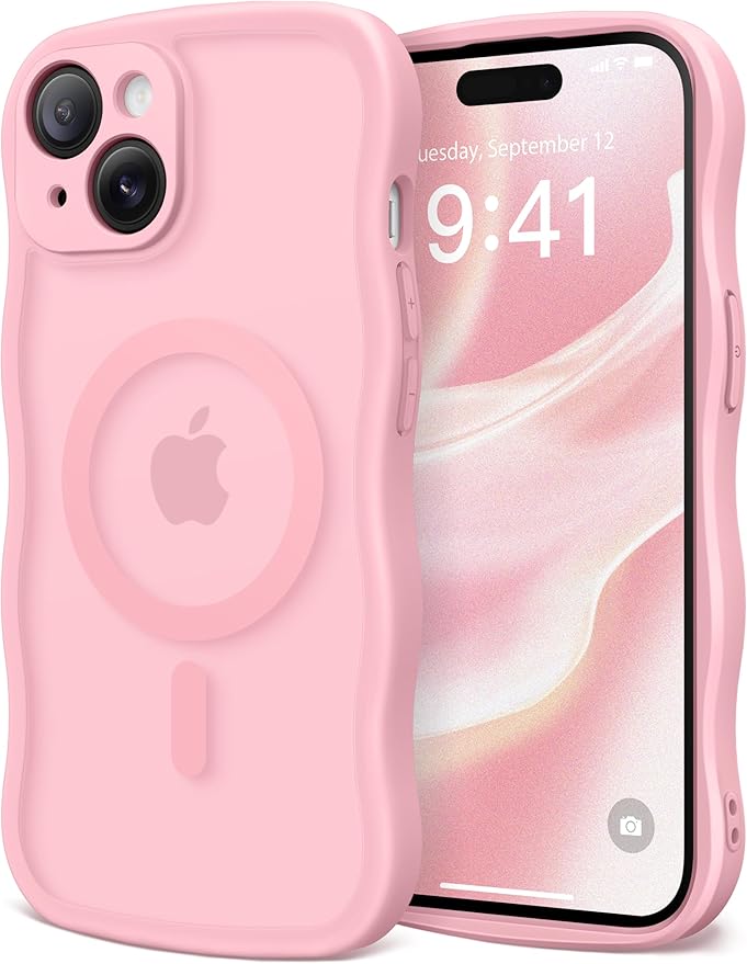 CAPRARO Cute for iPhone 15 Plus Case, Compatible with MagSafe, [Curly Wave Edge] [Full Camera Protection] [14 FT Drop Protection] Magnetic Phone Case for 15 Plus 6.7 Inch, Peach Pink