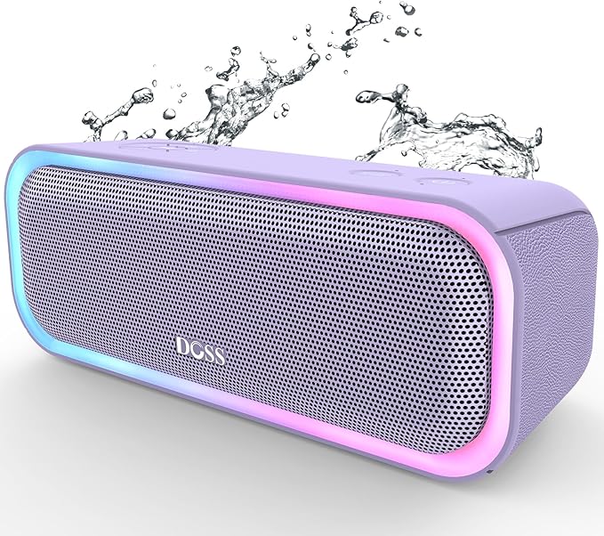 DOSS SoundBox Pro Bluetooth Speaker, 20W Stereo Sound, Active Extra Bass, 20H Playtime, Multi-Colors Lights, Wireless Stereo Pairing, IPX6 Waterproof for Garden, Hiking, Camping, Beach, Party-Purple